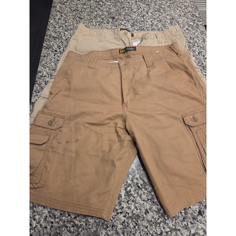 Lot of 2 Lee Dungarees Mens Cargo Shorts Tan Khaki Sz 36 sm stain on dark shorts